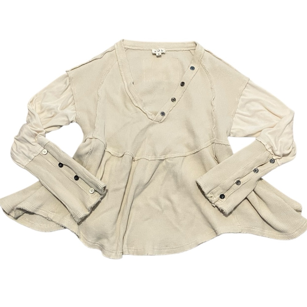 Pol Sweater Waffle Knit Babydoll Top Buttons Flowy Boho Lagen Cream Womens Small